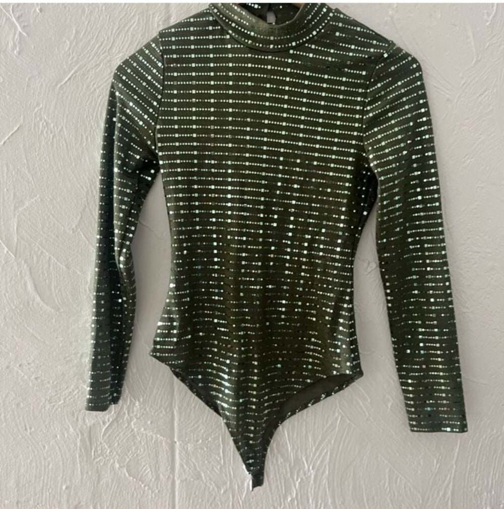 SHEIN BAE Olive Green Sequin Rhinestone High Neck Long Sleeve Bodysuit